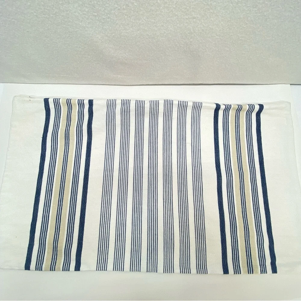 Pottery Barn Blue White Cream Striped Cotton Pillow Cover Zipper Closure Coastal
